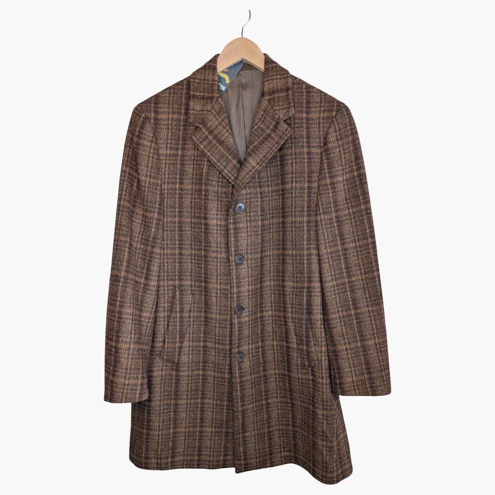 Hart Schaffner Marx Brown Plaid Wool Blend Coat | Men's M | Women's L
